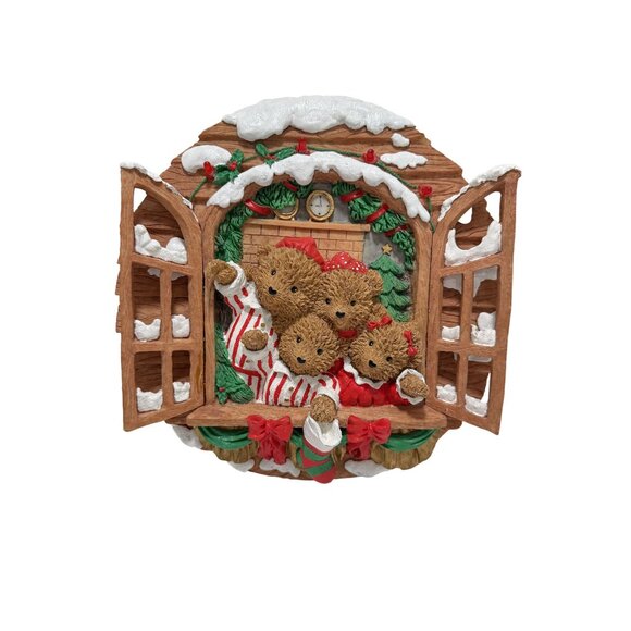 Vintage Musical Light Up Christmas Teddy Bear Family Wall Hanging - Picture 1 of 4